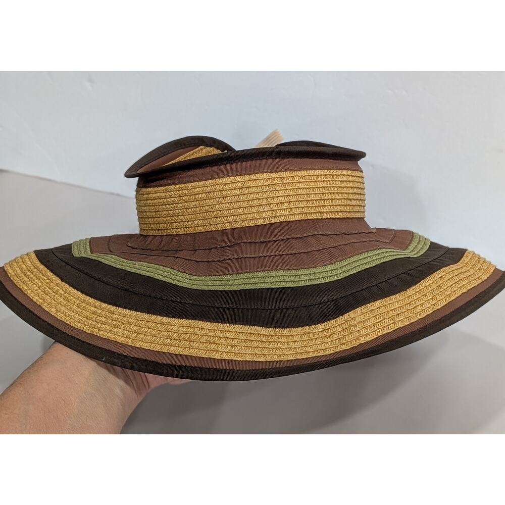 Tabrizi Designs Roll-Up Wide Brim Visor Sun Hat Striped Straw Ribbon Packable